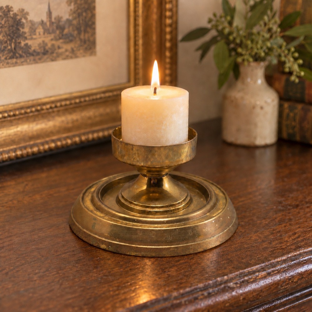 Vintage Brass Pillar Candle Holder Pedestal Wide Base 6.5in Hurricane Stand